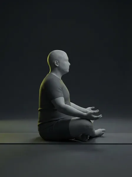 A figure sitting cross-legged, hands resting open, breathing slowly.