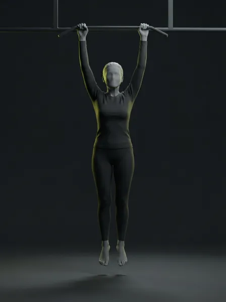 A figure hanging from a pull-up bar with straight arms.