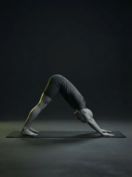 A figure in downward dog on a mat, hips high, heels reaching down.