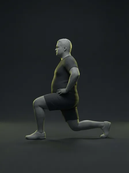 A figure in a forward lunge, back knee near the floor, hands on hips.