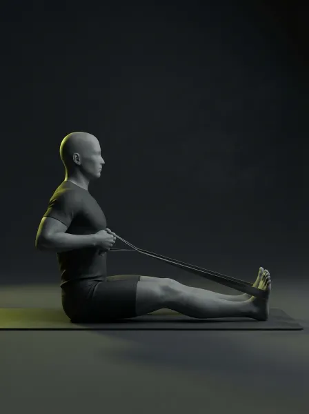 A figure seated on the floor, legs straight, pulling a resistance band looped around the feet.