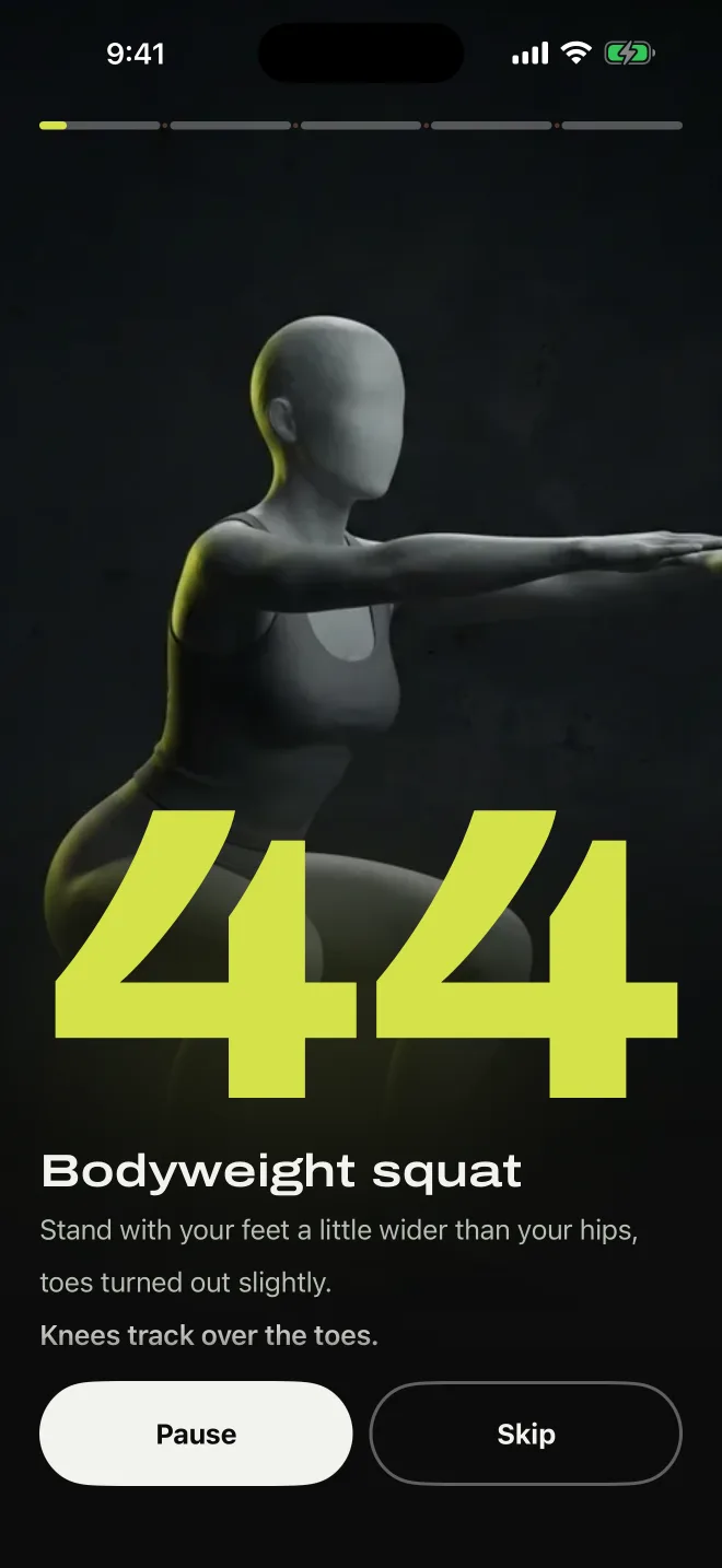 The exercise face in Gymini: a grey clay figure in a bodyweight squat, a huge chartreuse 44 counting down the seconds, the movement's name and its first cue, with Pause and Skip in reach of a thumb.