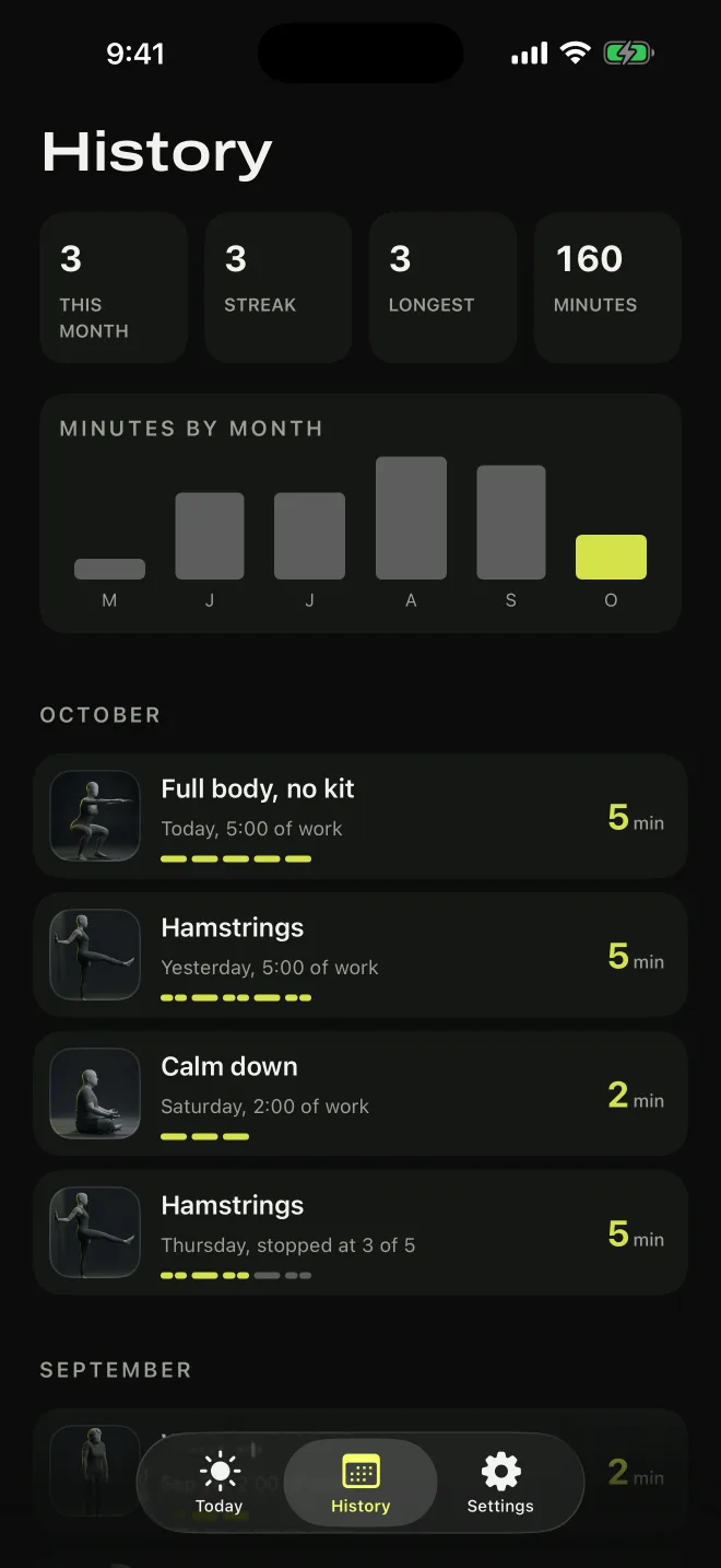 History in Gymini: counts for this month, streak, longest streak and minutes, a bar chart of minutes by month with October in chartreuse, and the month's workouts with a figure tile each.