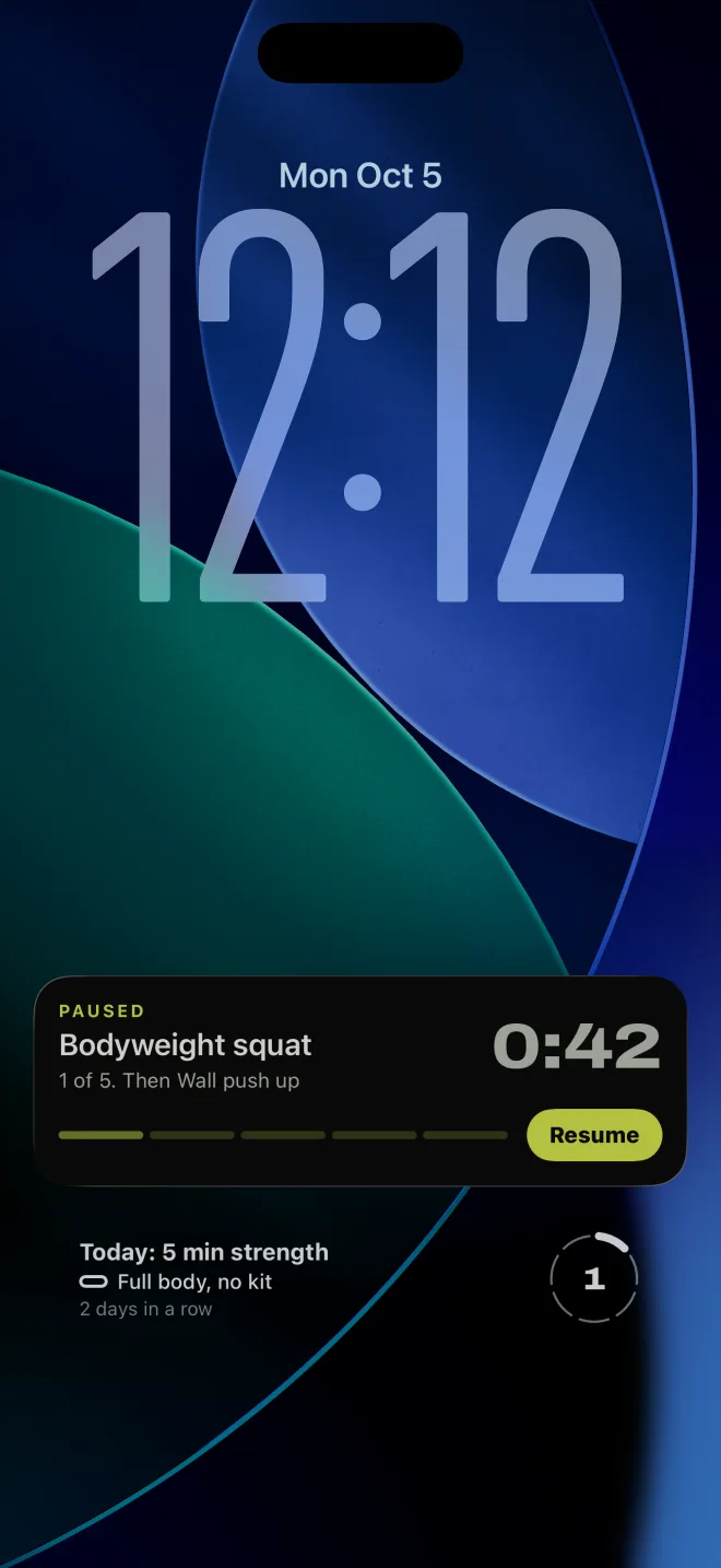 The iPhone Lock Screen with Gymini's paused workout: the movement, the seconds left, the strip of movements, and a Resume button, above two small Gymini widgets.