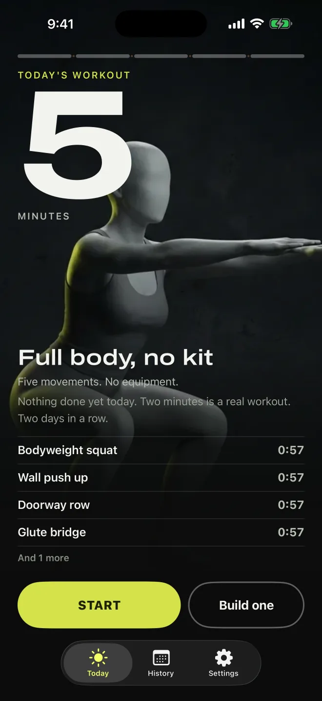 Today in Gymini: a five minute workout called Full body, no kit, with a figure in a squat behind a huge 5, the movements listed, and a Start button.