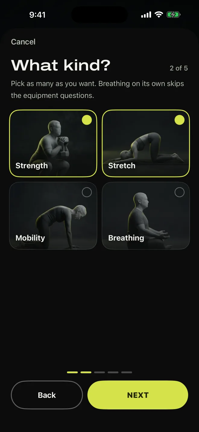Building a workout in Gymini: the question What kind?, with four picture tiles for strength, stretch, mobility and breathing, two of them chosen.